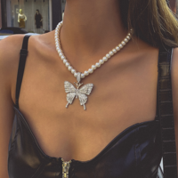 Crystal Butterfly Pendant Pearl Necklace Choker - Thumbnail 2