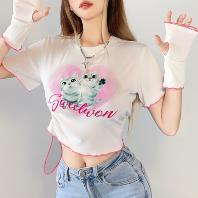 Sweet kitty cat heart printed lace up crop top