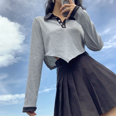 Irregular Cut Patchwork Button up Gray Polo Shirt