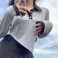 Irregular Cut Patchwork Button up Gray Polo Shirt - Thumbnail 1