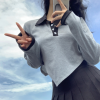 Irregular Cut Patchwork Button up Gray Polo Shirt - Thumbnail 2