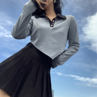 Irregular Cut Patchwork Button up Gray Polo Shirt - Thumbnail 3