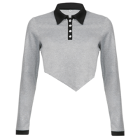 Irregular Cut Patchwork Button up Gray Polo Shirt - Thumbnail 4