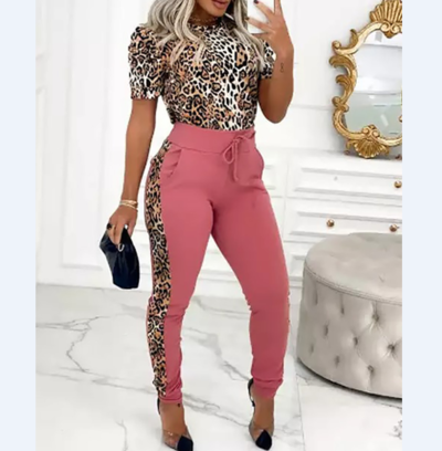 Leopard Print Splicing Short Sleeve Casual Two-Piece Suit