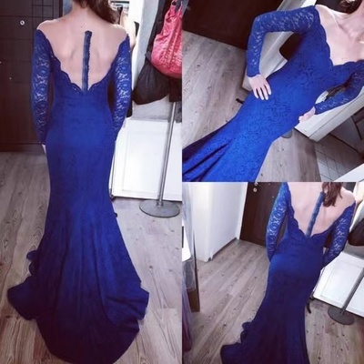 Lace mermaid prom dresses with sleeves - Thumbnail 4