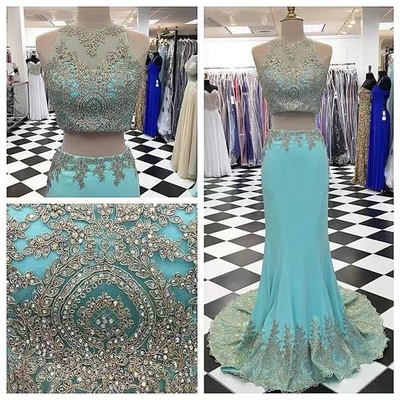 Two Piece Prom Dresses Turquoise with Gold Appliques
