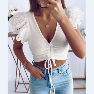 White v-neck ruffled lace top