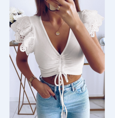 White V-Neck Ruffled Lace Top