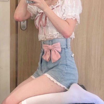 Angel kiss french doll girl summer vintage classic lace pink ribbon white top blouse & bow denim short pants - Thumbnail 2