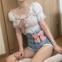 Angel Kiss French Doll Girl Summer Vintage Classic Lace Pink Ribbon White Top Blouse & Bow Denim Short Pants - Thumbnail 1