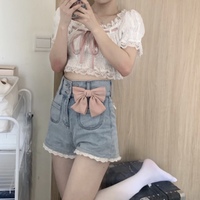 Angel Kiss French Doll Girl Summer Vintage Classic Lace Pink Ribbon White Top Blouse & Bow Denim Short Pants - Thumbnail 2