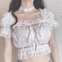 Angel Kiss French Doll Girl Summer Vintage Classic Lace Pink Ribbon White Top Blouse & Bow Denim Short Pants - Thumbnail 5