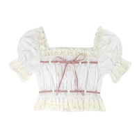 Angel Kiss French Doll Girl Summer Vintage Classic Lace Pink Ribbon White Top Blouse & Bow Denim Short Pants - Thumbnail 7