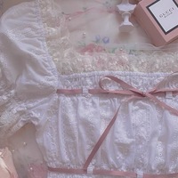 Angel Kiss French Doll Girl Summer Vintage Classic Lace Pink Ribbon White Top Blouse & Bow Denim Short Pants - Thumbnail 6