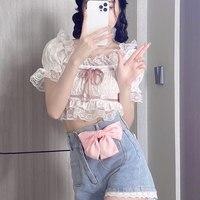 Angel Kiss French Doll Girl Summer Vintage Classic Lace Pink Ribbon White Top Blouse & Bow Denim Short Pants - Thumbnail 4