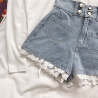 Angel Kiss French Doll Girl Summer Vintage Classic Lace Pink Ribbon White Top Blouse & Bow Denim Short Pants - Thumbnail 9