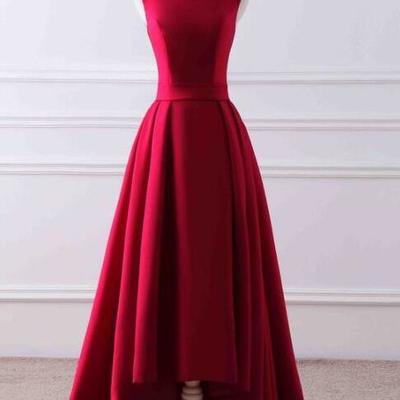 Simple high low satin formal red prom dress - Thumbnail 3