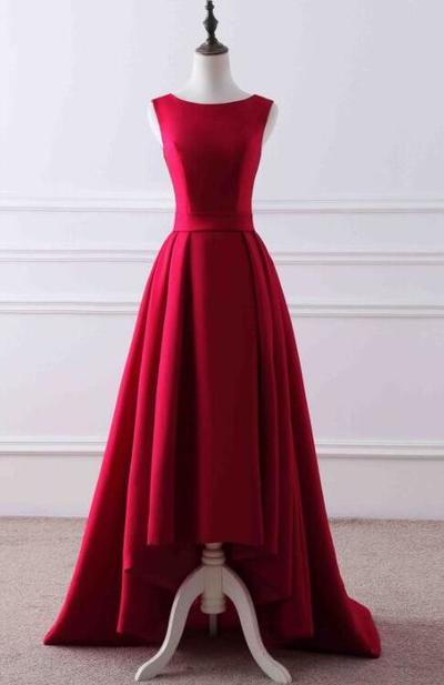 Simple High Low Satin Formal Red Prom Dress