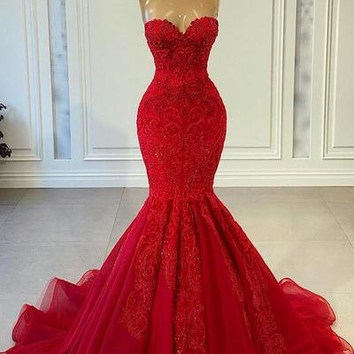 Sexy mermaid red formal prom dress with lace - Thumbnail 2