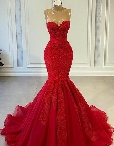 Sexy mermaid red Formal Prom Dress With Lace