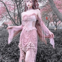 Guardian of Sakura Tress Gothic Lace Velvet Pink Suspender Dress - Thumbnail 4