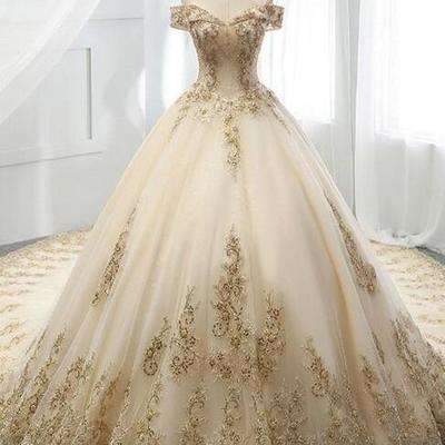 Mermaid champagne tulle wedding dress with gold lace appliques  - Thumbnail 2