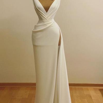 Simple a line v neck long prom dresses with slit side - Thumbnail 1
