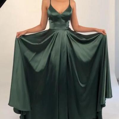 Spaghetti straps v-neck olivia green satin evening dresses - Thumbnail 2