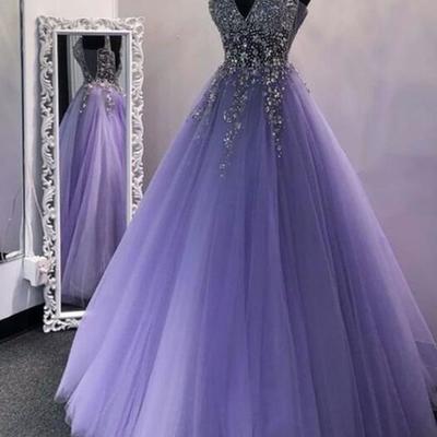 A line v neck sequins lilac tulle long prom dresses - Thumbnail 1