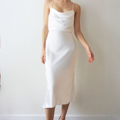Simple cowl neck white silk satin midi bridesmaid dress,tea length white wedding guest dress,1424