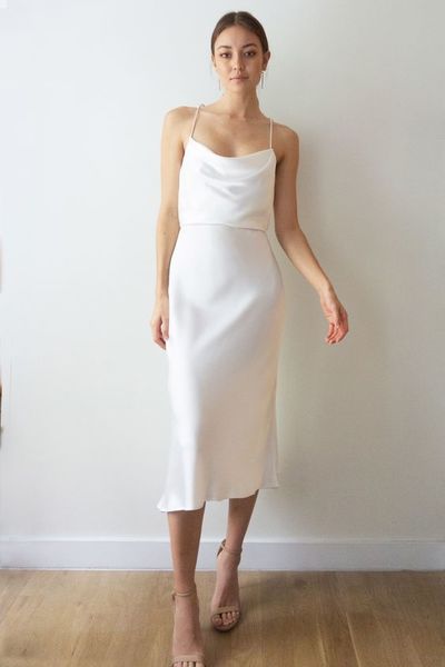 Simple Cowl Neck White Silk Satin Midi Bridesmaid Dress,Tea Length White Wedding Guest Dress,1424