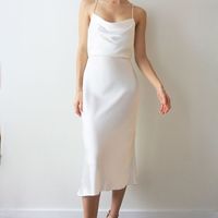 Simple Cowl Neck White Silk Satin Midi Bridesmaid Dress,Tea Length White Wedding Guest Dress,1424 - Thumbnail 2