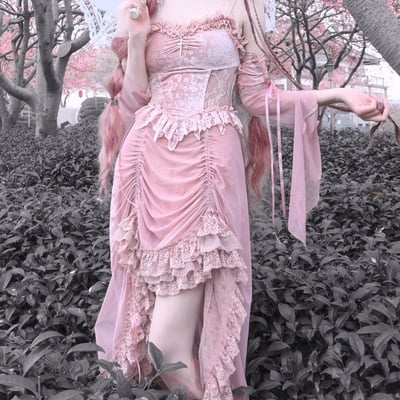 Guardian of sakura tress gothic lace velvet pink suspender dress