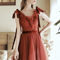 Burgundy tulle long prom dress A line evening dress - Thumbnail 1