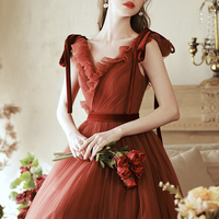 Burgundy tulle long prom dress A line evening dress - Thumbnail 4