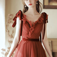 Burgundy tulle long prom dress A line evening dress - Thumbnail 6