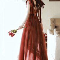 Burgundy tulle long prom dress A line evening dress - Thumbnail 8