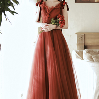 Burgundy tulle long prom dress A line evening dress - Thumbnail 9