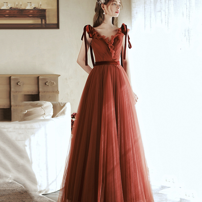 Burgundy tulle long prom dress a line evening dress - Thumbnail 3