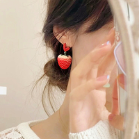 Strawberry Red Heart Dangle Earrings - Thumbnail 1