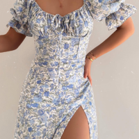 Fashion Sexy Short Sleeve Printed Slit Dress - Thumbnail 1