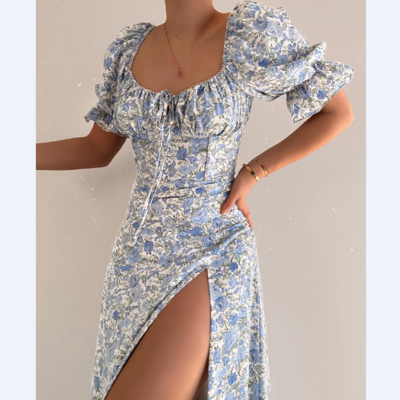 Fashion sexy short sleeve printed slit dress