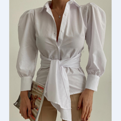 White solid color long-sleeved shirt top - Thumbnail 3