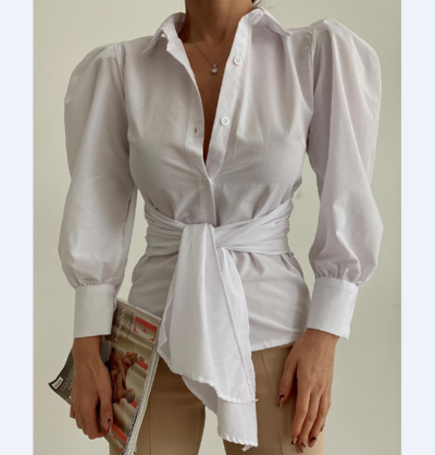 White Solid Color Long-Sleeved Shirt Top