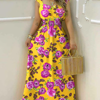 Women Yellow Print Sleeveless Dress - Thumbnail 1