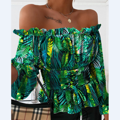 Sexy print off-shoulder long-sleeve top