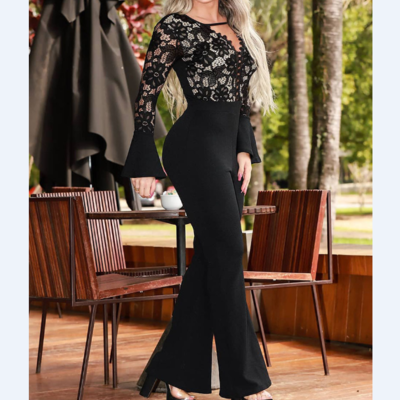 Black lace panel long sleeve skinny jumpsuit