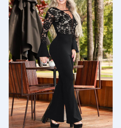 Black Lace Panel Long Sleeve Skinny Jumpsuit