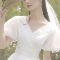 Wihte v neck tulle short prom dress homecoming dress - Thumbnail 1