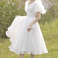 Wihte v neck tulle short prom dress homecoming dress - Thumbnail 3